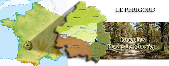 carte de la France, carte du d&eacute;partement Dordogne et photo du chemin de Roucollias &agrave; Peyzac-Le Moustier